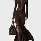 Amália | Vestido largo castanho com cinto