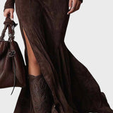 Amália | Vestido largo castanho com cinto