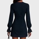 Rachel – Mini vestido em camurça azul com renda